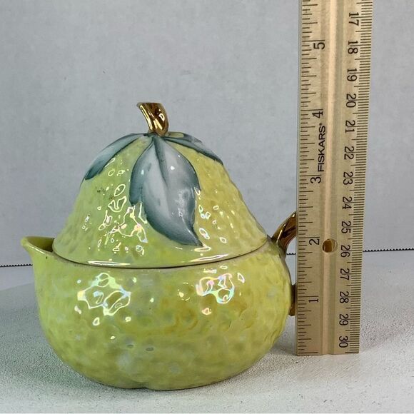 Vintage Luster Glaze Lemon Reamer Pitcher Yellow/Green/Gold Accents 3 PCS - Picture 12 of 13